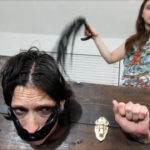 Evil daughter whipping her gagged mom