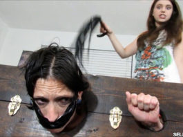 Evil daughter whipping her gagged mom