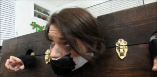 Mom Spanks Restrained Brat Daughter Daughter locked and tapegagged in stockade for spanking