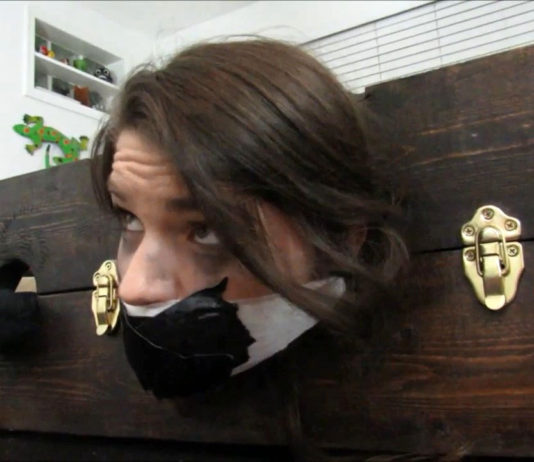 Mom Spanks Restrained Brat Daughter Daughter locked and tapegagged in stockade for spanking