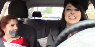 Little sister bound and tape gagged in car by big sister selfgags