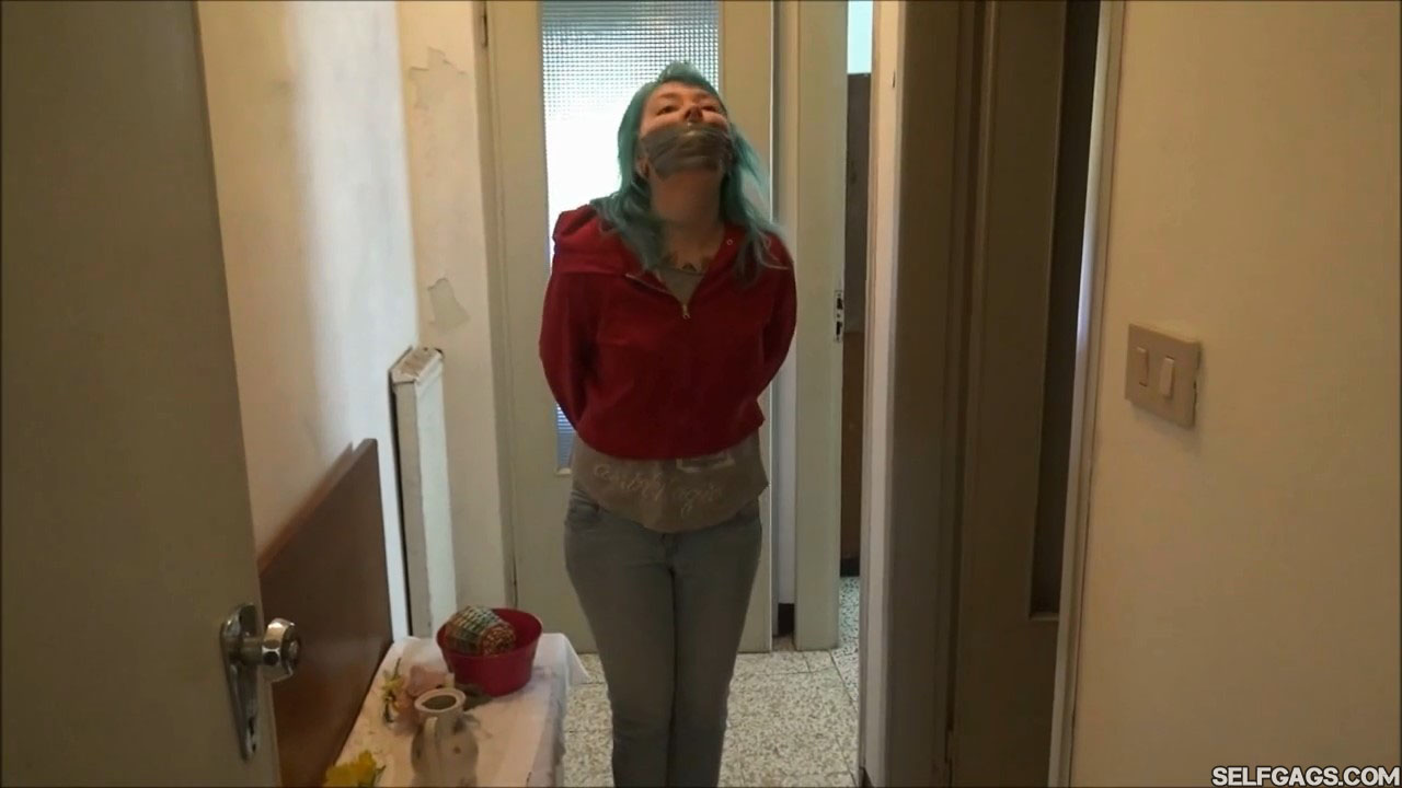 hopping girl in bondage tries to escape selfgags