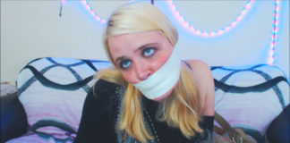 Microfoam Tape Gag Talk With Anne Dville Blonde girl tape gagged tight with microfoam tape at selfgags.com