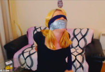 Drunk girl Anne Dville blindfolded and tape gagged