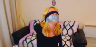 Drunk Party Girl: Blindfolded And Self Gagged! Drunk girl Anne Dville blindfolded and tape gagged