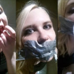 Blonde girl Anne Dville tape gagged in public club toilets for selfgags.com
