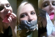 Blonde girl Anne Dville tape gagged in public club toilets for selfgags.com