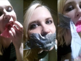 Self Gagged In Public Club Toilets Blonde girl Anne Dville tape gagged in public club toilets for selfgags.com