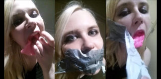 Self Gagged In Public Club Toilets Blonde girl Anne Dville tape gagged in public club toilets for selfgags.com