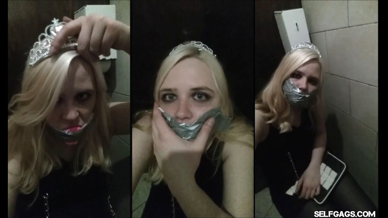 Anne Dville gagging herself in public club toilet for selfgags.com