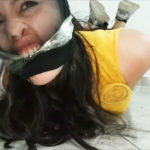 Pantyhose head encasement for hogtied and gagged girl