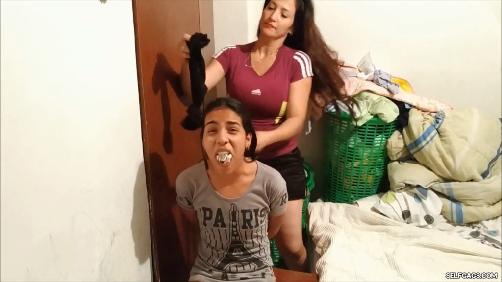 Latina mom stuffs her bound daughter's mouth with dirty panties