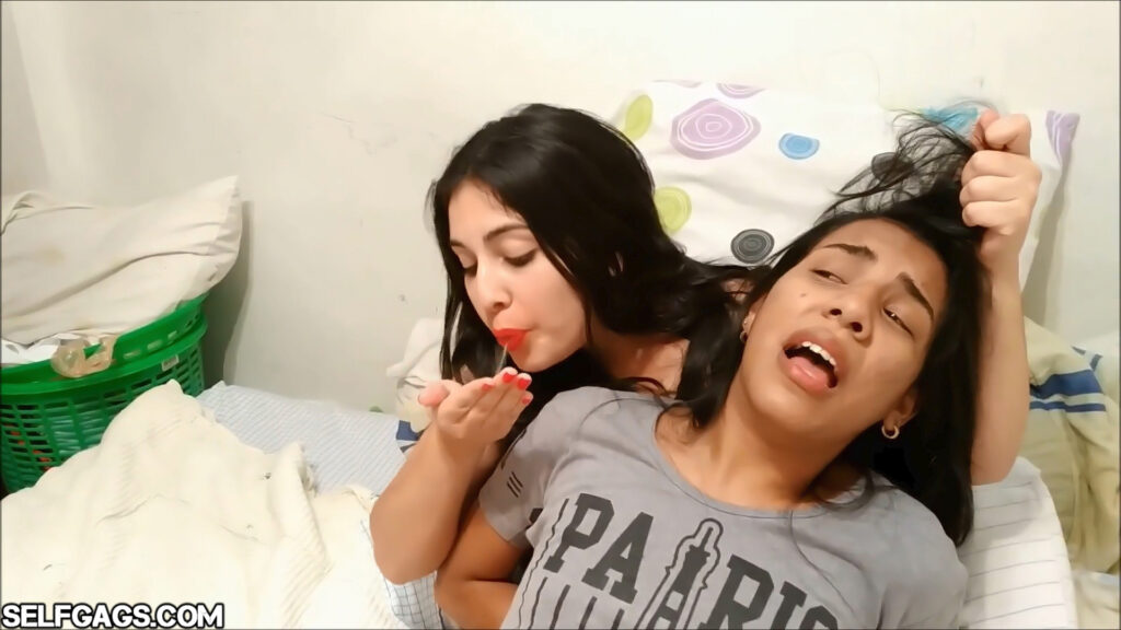 Handgagged by latina big sister with spit in palm