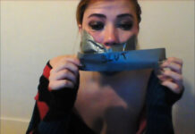 Misha Mayfair tape gagged with dirty socks in her mouth