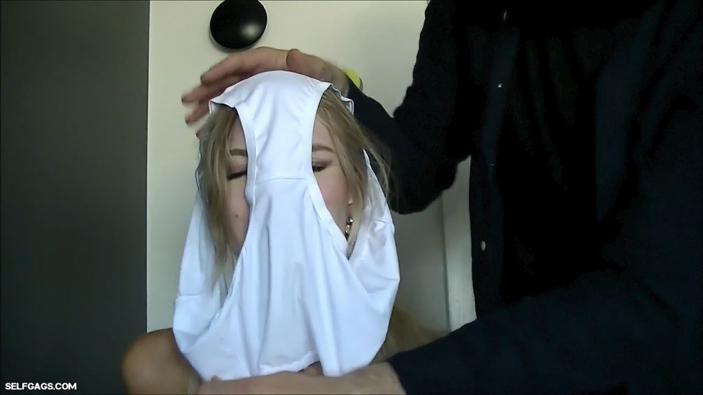 Blonde bondage girl gets her head encased with dirty white bbw panties 