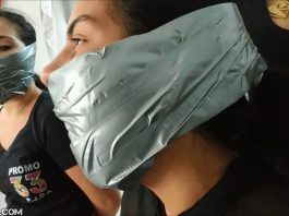 Pretty latina girls bound and gagged tight with duct tape around the head as big wraparound gags in the style of borderland bound