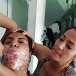 Young latina girl tape bound and panty gagged by mother and daughter