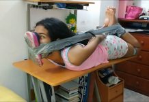 Sexy latina babysitter in duct tape hogtie bondage with smelly shoe tied to face