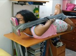 Sexy latina babysitter in duct tape hogtie bondage with smelly shoe tied to face