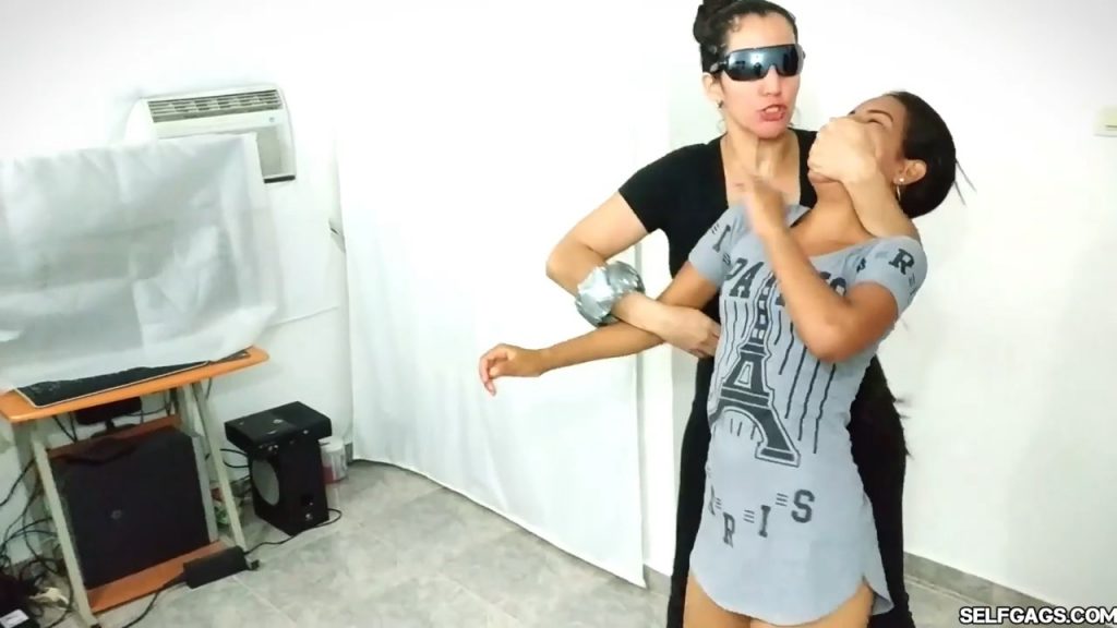 Bound and gagged girls hooded with pantyhose and hogtied for tight bdsm