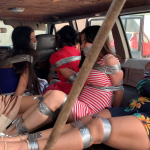 Multiple Duct Tape BDSM Latina College Girls Bound And Gagged Together For Bondage Inside Car