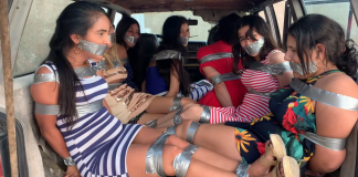 9 Captured College Girls Tape Gagged In Sexy Car Bondage Multiple Duct Tape BDSM Latina College Girls Bound And Gagged Together For Bondage Inside Car