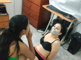 Little sister finds big sister gagged and bound by a robber on the floor