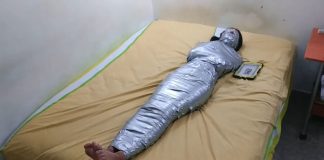 Turned Into An Egyptian Bondage Mummy! Barefoot girl gagged and blindfolded in mummification bondage