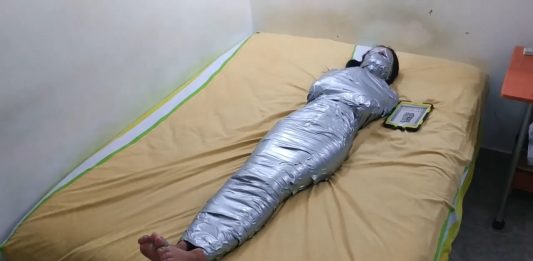 Turned Into An Egyptian Bondage Mummy! Barefoot girl gagged and blindfolded in mummification bondage