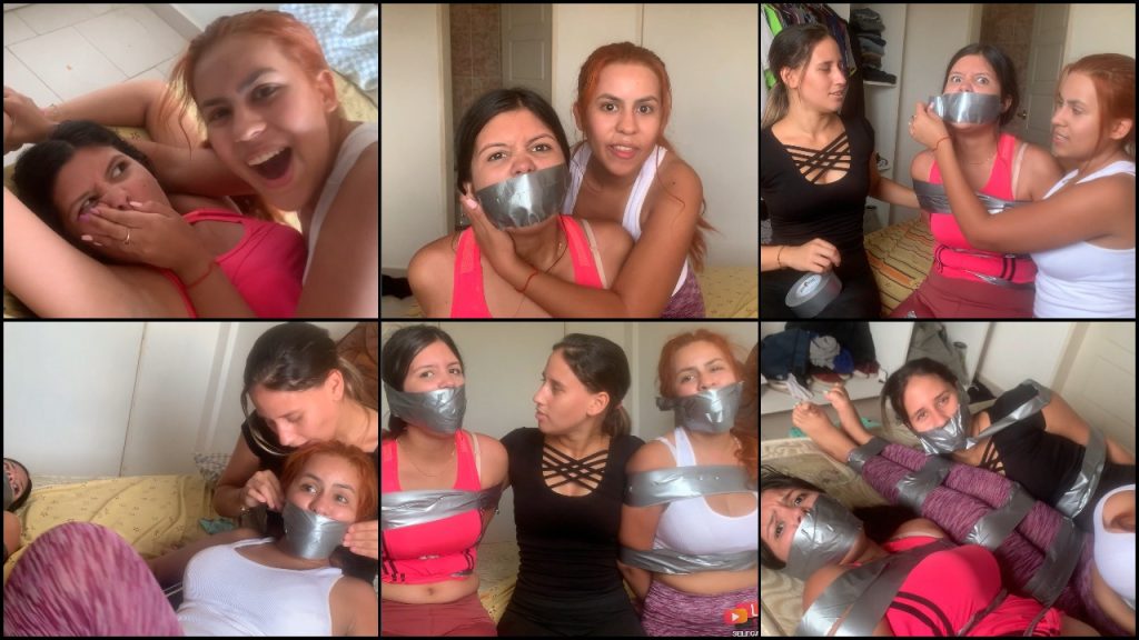Three live cam girls tied up and gagged with duct tape during webcam show