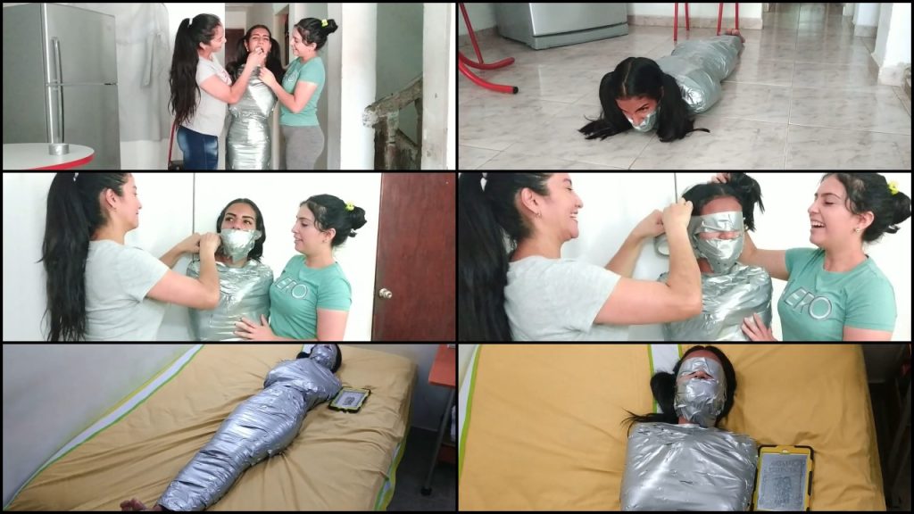 Tape gagged girl mummified by stepmother and sister