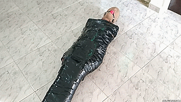 Pantyhose hooded girl ball gagged in tight mummification encasement bondage