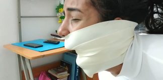 Tight Hogtie and a MEGA Microfoam Tapegag! Bound woman wearing microfoam tapegag