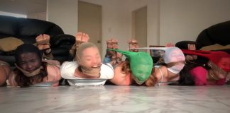 8 Hogtied Girls Pantyhose Hooded And Gagged Tight