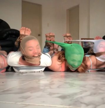 8 Hogtied Girls Pantyhose Hooded And Gagged Tight