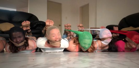 8 Hogtied Girls Pantyhose Hooded And Gagged Tight