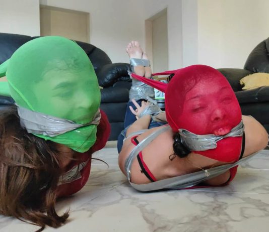 Pantyhosed Bitches Hogtaped And Gagged Tight! Helpless BDSM girls encased in pantyhose