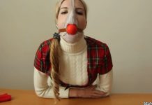 Panty hooded blonde schoolgirl ball gagged