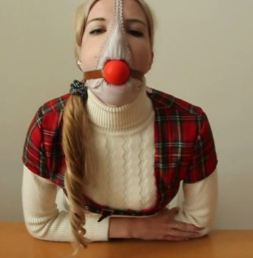 Self Gagged Blonde Scandinavian Schoolgirl Panty hooded blonde schoolgirl ball gagged