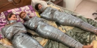 Three Girls As Egyptian Duct Tape Mummies Multiple girls barefoot in mummification bondage