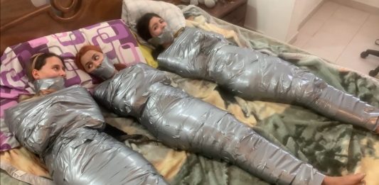 Three Girls As Egyptian Duct Tape Mummies Multiple girls barefoot in mummification bondage