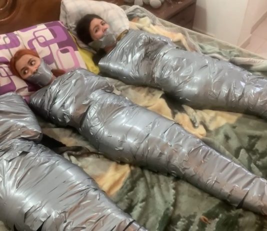 Three Girls As Egyptian Duct Tape Mummies Multiple girls barefoot in mummification bondage
