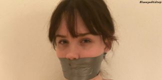 Busty Bondage Dane Trapped In Tape Busty girl annoyed to be bound