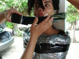 Duct Tape Mummified By Satanic Women Gagged girl mummified
