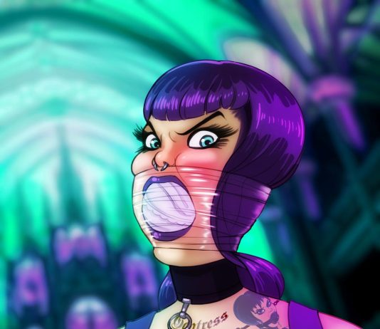 Gagged Goth Party Girl – Bondage Art Gothic girl mouth stuffed with clear tape around her head
