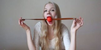 Young Scandinavian Babe Self Gagged Blonde girl ball gagging herself