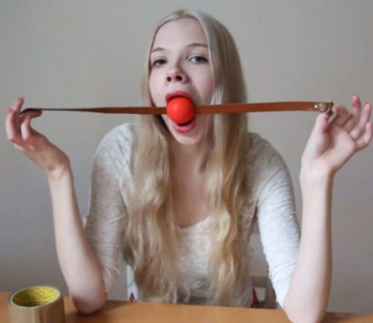 Young Scandinavian Babe Self Gagged Blonde girl ball gagging herself