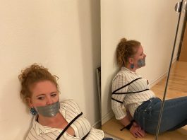 Tight Jeans, Boots And Bondage Gagged woman tied up in jeans and boots