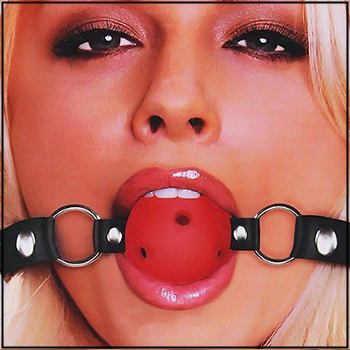 Blonde woman gagged with a breathable ball gag