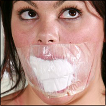 Clear tape gagged woman with socks in her mouth